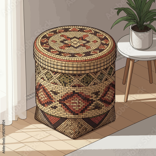 Handcrafted Woven Basket on Wooden Floor, Interior Design, Subtle Sunlight