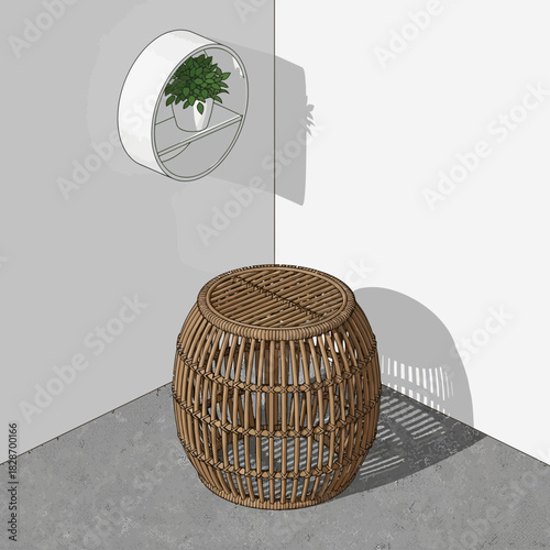 Illustrative interior with a round rattan stool and plant on a circular shelf