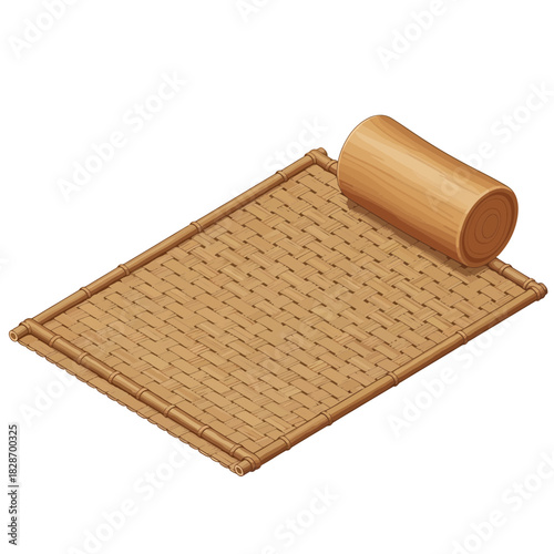 Isometric illustration of a woven bamboo mat with rolled up bamboo