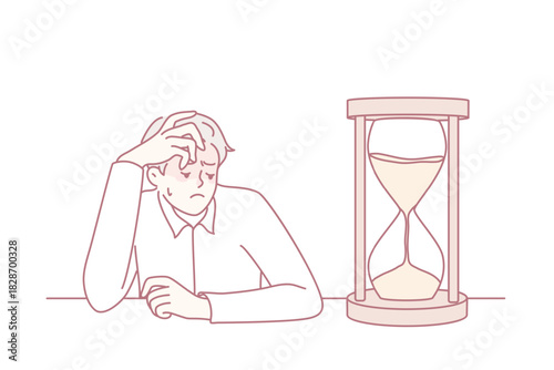 Exhausted businessman looking at hourglass feel bored and overwhelmed. Tired male employee look at sand clock wait for working day end. Vector illustration.