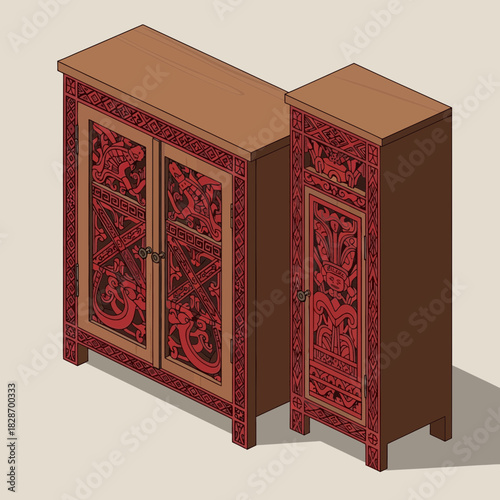 Isometric illustration of intricately carved wooden cabinets with cultural motifs
