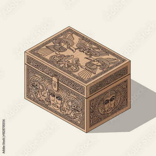 Isometric Illustration of Ornate Wooden Box Adorned with Mythical Creature Designs