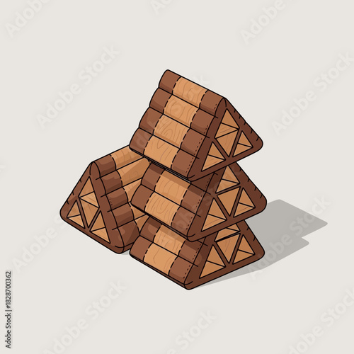 Isometric illustration of stacked triangular wooden blocks on plain background