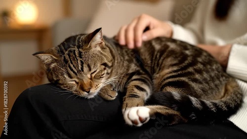 A tabby cat reclines in a person's lap, receiving gentle petting. Its eyes are closed and relaxed