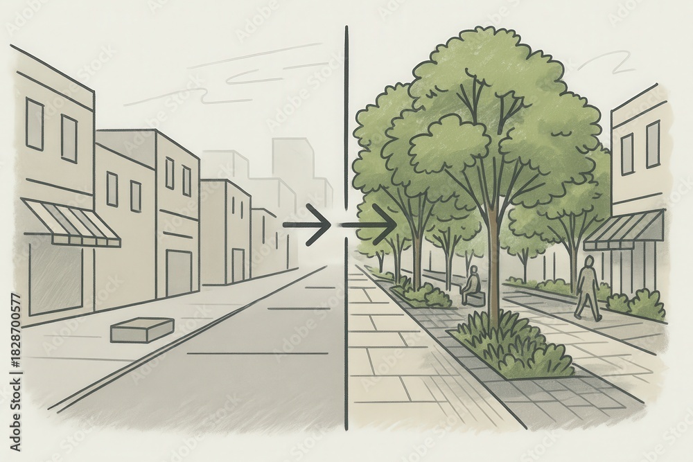 Fototapeta premium Urban Revitalization Contrast Showcasing Barren Cityscape Transforming into Lush Green Corridor with Tree Lined Pathways and Inviting Public Spaces Promoting Community Interaction