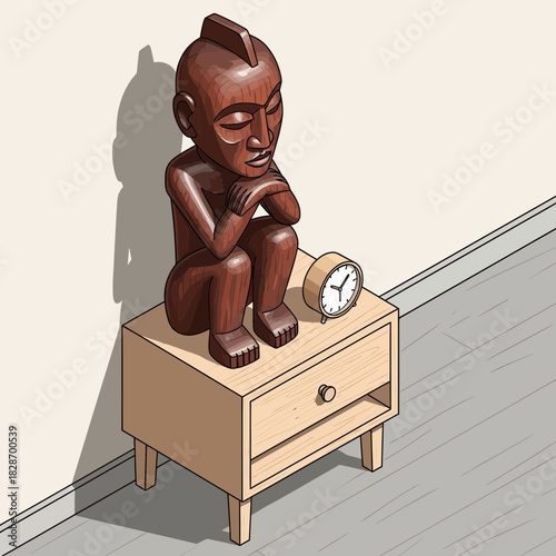 Pensive wooden sculpture with alarm clock sitting on a nightstand illustration