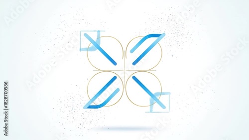 An abstract design featuring geometric shapes combined with flowing waves and scattered particles