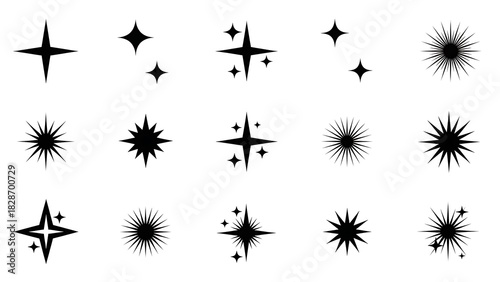 Collection of diverse black sparkle and starburst icons, perfect for adding a touch of shimmer and shine to any design project