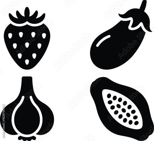 Simple black silhouettes of strawberry garlic eggplant and papaya on white background