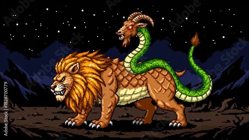 Pixelated illustration of a Chimera, lion body, goat head, serpent tail, breathing fire against a night sky