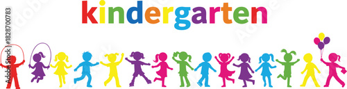 Colorful Kindergarten Typography with Happy Kids Silhouettes Playing Together Vector Illustration for Preschool Education