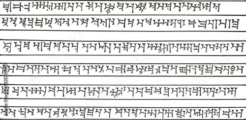 Hand drawn ancient manuscript script vector illustration featuring undeciphered glyphs and historical symbols on horizontal lines.