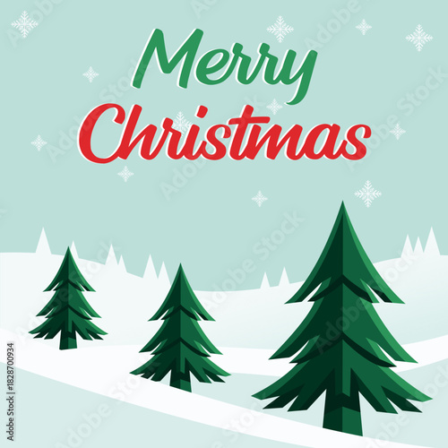A festive Christmas greeting with stylized trees and winter landscape.