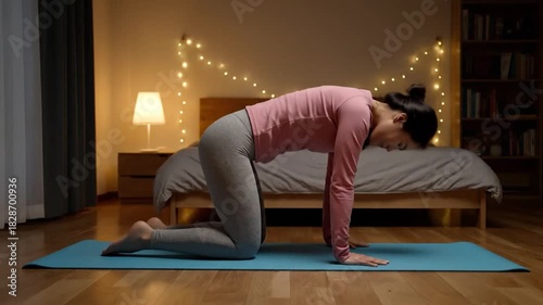 A woman is practicing yoga indoors, illuminated by soft light. Focus on breathing and form