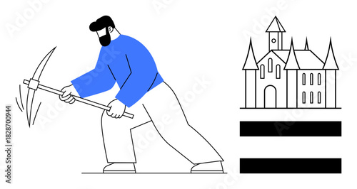 Worker wielding a pickaxe near a minimalist castle. Ideal for labor, construction, effort, heritage, history, mining, and perseverance concepts. Simple flat metaphor