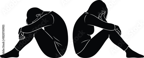 Sad couple sitting back to back silhouettes depicting relationship problems and depression vector illustration.