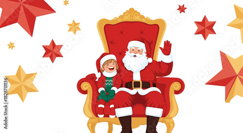 A joyous Christmas illustration featuring Santa Claus and a child on a festive throne surrounded