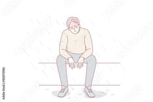 Unhappy man sitting on bench under rain feeling depressed and lonely. Sad male suffer from depression or mental problems. Stress and solitude. Vector illustration.