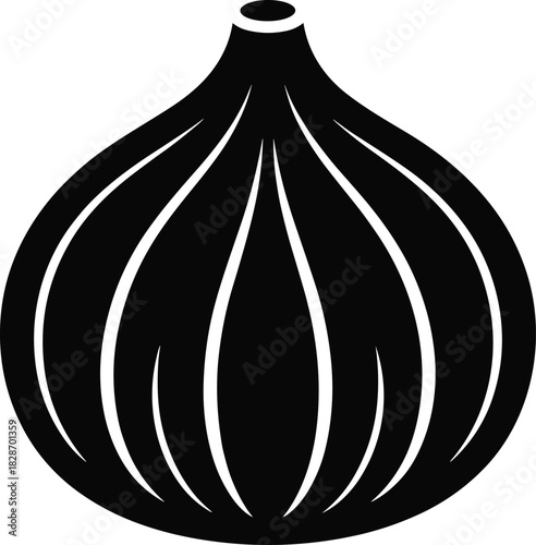 Stylized black and white illustration of a ripe fig fruit