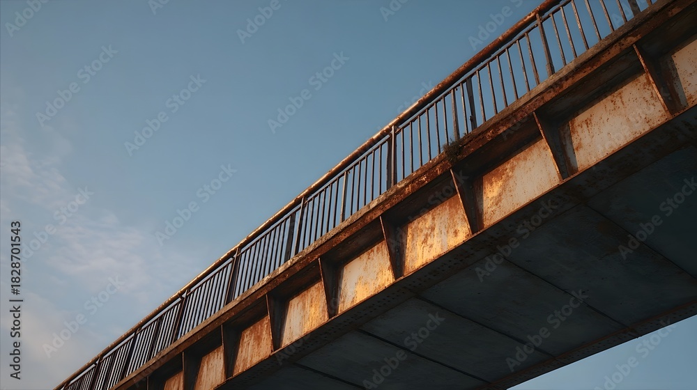 Fototapeta premium A rusty steel pedestrian overpass illuminated by the golden hour sun against a clear blue sky