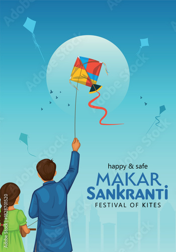 Indian festival Happy Makar Sankranti poster design with people flying colorful kites on cloudy sky. Creative vector illustration design.
