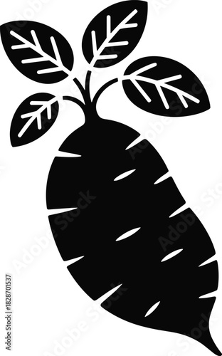 Stylized black and white illustration of a sweet potato with green leaves