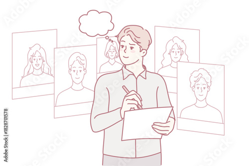Employer choose employee from digital CV demonstration. Boss or recruiter hire personnel or staff. Concept of employment and HR. Vector illustration.