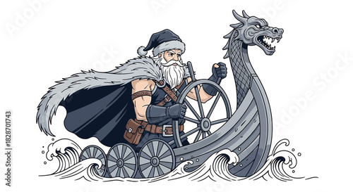 Cartoon depiction of Santa Claus reimagined as a Viking ship captain during winter holidays