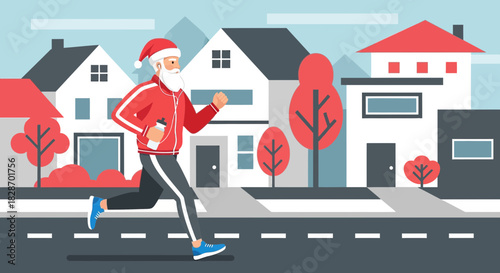 Cartoon Santa Running in City Street for Exercise and Fitness During Christmas Holiday