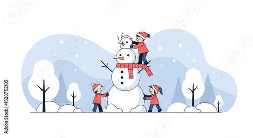Children's winter activity building a snowman in snowy weather creating playful joyful memories