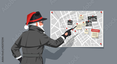 Christmas Detective Inspecting Evidence Board Plotting Strategy for Festive Season Cases