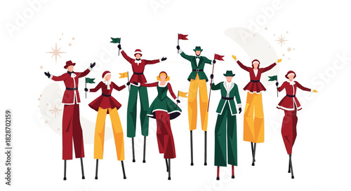 Colorful stilt walkers adorned in festive attire celebrating a holiday parade procession