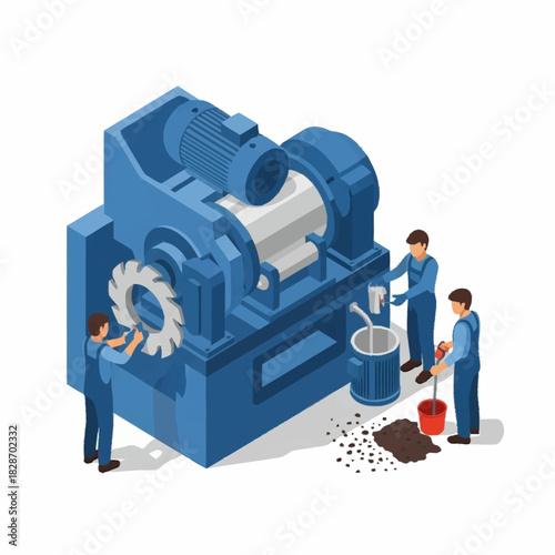 Isometric view of factory workers servicing a large industrial machine.