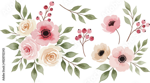 Delicate watercolor floral arrangement with pink and cream flowers and green leaves