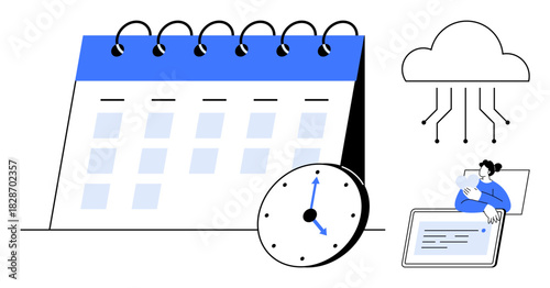 Time management concept. A cloud-connected calendar system highlights effective time coordination. Time management supports productivity, scheduling, and remote work solutions. Ideal for cloud