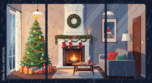 Cozy christmas eve interior with a decorated tree and fireplace viewed through a rainy window