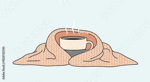 Cozy illustration of a hot coffee mug wrapped in a soft knitted blanket to stay warm