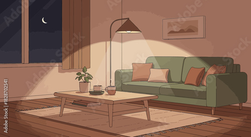 Cozy Interior Scene at Night with Couch, Coffee and Warm Ambient Lighting Creating a Peaceful