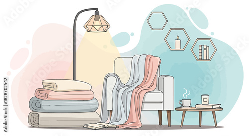 Cozy interior scene depicting an inviting armchair with a blanket lamp and side table arrangement