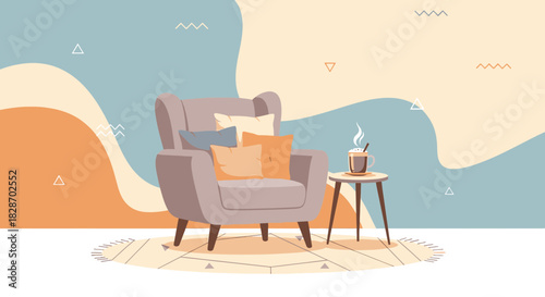  Cozy interior scene featuring a comfortable armchair and a hot drink on a small table