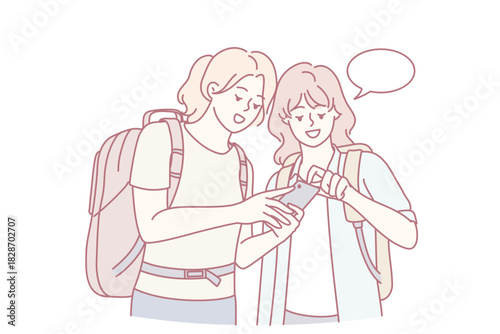 youthful travelers enthusiastically navigate urban environments using electronic guides, teenagers equipped with backpacks and digital devices joyfully interpret city maps collaboratively
