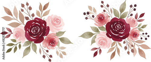Two watercolor floral arrangements with burgundy and pink roses and autumn leaves