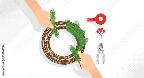 Creating a festive holiday wreath, combining natural elements, crafting a christmas decoration