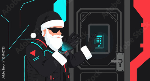 Cyber Santa Claus Navigating a Secure Facility with High-Tech Gear in Futuristic Style