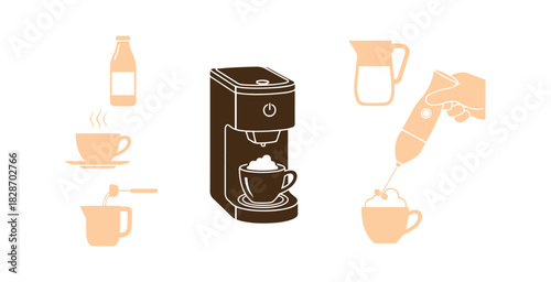 The method for preparing coffee with milk foam in your own kitchen. Features a cup, bottle, and jug. Flat vector illustration set against a white backdrop.