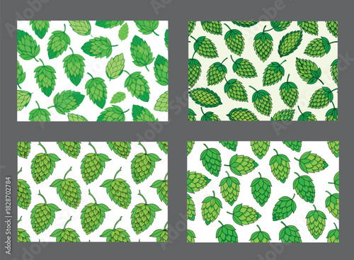 Four variations of seamless hop cone patterns, a brewer's delight of green shades