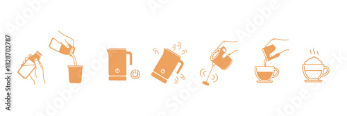 Instructions for using an electric milk frother. Steps to create coffee with milk foam right at home. Includes a cup, bottle, and jug. Flat vector illustration on a white background.