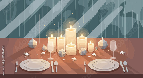 Elegant festive dinner setup with burning candles and geometric decorations for celebration