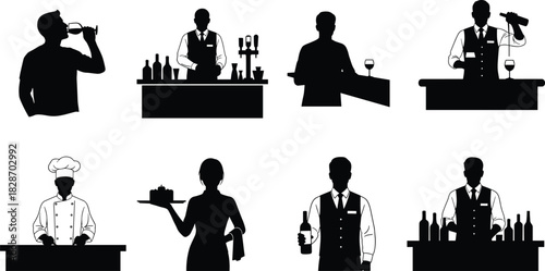 Bartender and waiter silhouettes, restaurant staff collection, chef, waitress serving cake, man drinking wine, hospitality vector illustration set.