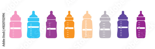A collection of baby bottles in milk . Colorful vector illustration.

